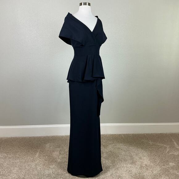 Aidan Mattox Shawl Collar A-Line Evening Gown Blue Size 4 Ruffled Thigh Slit - Picture 4 of 13
